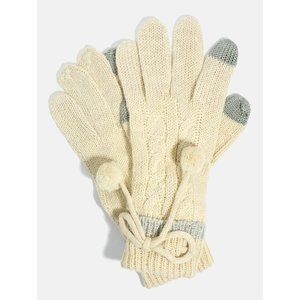 Cable Knit Angora Wool Blend Pom Pom Gloves Ivory Winter Cozy Cottagecore NWOT